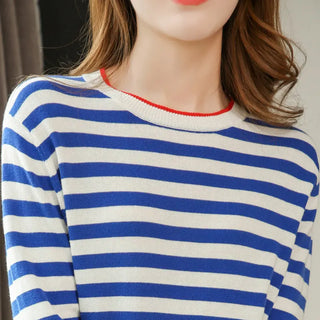 Round Neck Striped Sweater Women's Cotton Long Sleeve T-shirt Navy-striped Shirt Loose Bottoming Shirt Phosgene