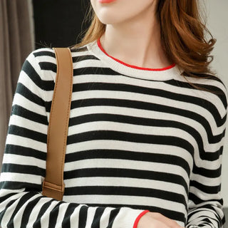 Round Neck Striped Sweater Women's Cotton Long Sleeve T-shirt Navy-striped Shirt Loose Bottoming Shirt Phosgene