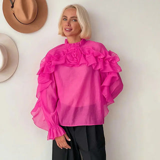 Ruffled Graceful Stand Collar Tencel Shirt Phosgene