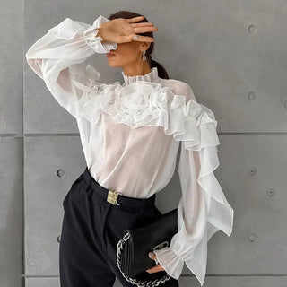 Ruffled Graceful Stand Collar Tencel Shirt Phosgene