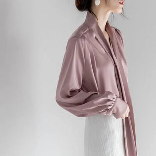 Satin Tie-neck Long Sleeve Shirt Simple All-match Tops Phosgene