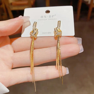 Simple Delicate Super Shining Zircon Knot Long Fringe Earrings Sterling Silver Needle Design Sense Phosgene