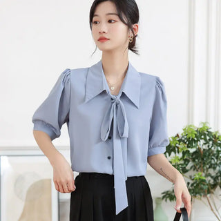 Smoke Blue Short-sleeved Chiffon Shirt Korean Style Ribbon Top Design Sense Phosgene