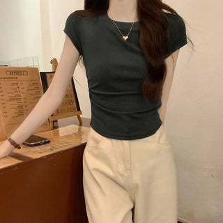 Solid Color Pleated Slim-fit Irregular Design Short Round Neck Top Phosgene