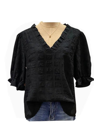 Square Texture Bell Sleeve Shirt V-neck Top Phosgene