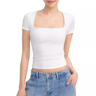 Summer Short-sleeved Square Collar Low-cut Women's T-shirt Top Phosgene