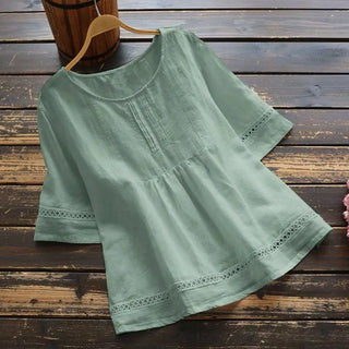 Summer Solid Color Cotton And Linen Top Half Sleeve Phosgene