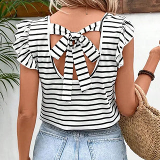 Summer Women's Striped Top Fashion V-neck T-shirt Phosgene