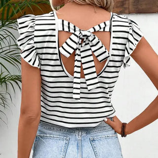 Summer Women's Striped Top Fashion V-neck T-shirt Phosgene