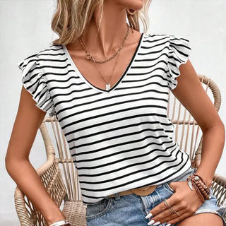 Summer Women's Striped Top Fashion V-neck T-shirt Phosgene