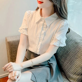 Sweet Design White Shirt For Women Niche Top Ruffled Short Sleeves Phosgene