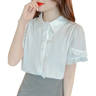 Sweet Design White Shirt For Women Niche Top Ruffled Short Sleeves Phosgene