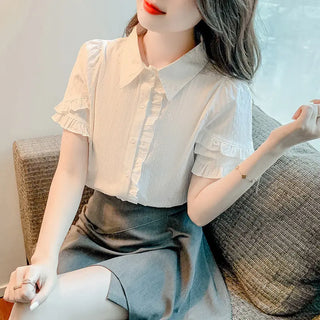 Sweet Design White Shirt For Women Niche Top Ruffled Short Sleeves Phosgene