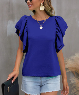 Sweet Summer Double-layer Lotus Leaf Top Round Neck T-shirt Phosgene