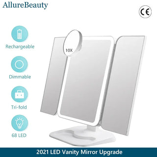 Trifold Makeup Mirror With Light 68 LED Vanity Mirrors 10X Magnifying 180Rotation Phosgene