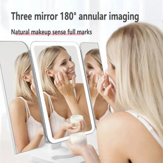 Trifold Makeup Mirror With Light 68 LED Vanity Mirrors 10X Magnifying 180Rotation Phosgene