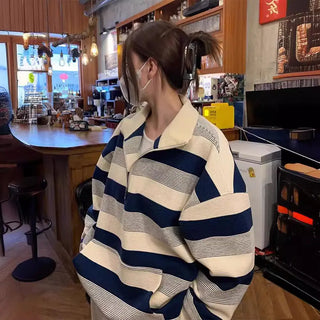 Women's American-style Retro Half-zip Striped Sweater Phosgene