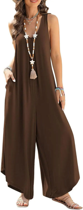 Women's Casual Sleeveless V-neck Pocket Wide Leg Jumpsuit Phosgene