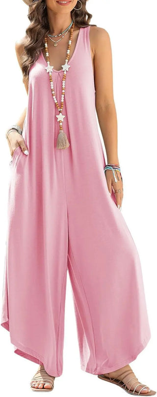 Women's Casual Sleeveless V-neck Pocket Wide Leg Jumpsuit Phosgene