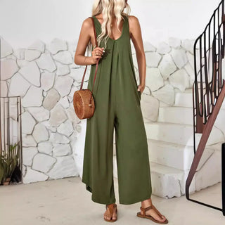 Women's Casual Sleeveless V-neck Pocket Wide Leg Jumpsuit Phosgene