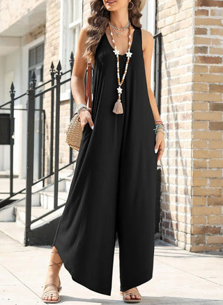 Women's Casual Sleeveless V-neck Pocket Wide Leg Jumpsuit Phosgene