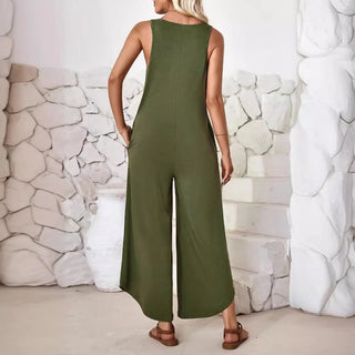 Women's Casual Sleeveless V-neck Pocket Wide Leg Jumpsuit Phosgene