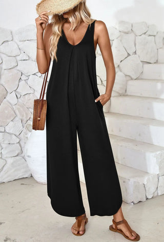 Women's Casual Sleeveless V-neck Pocket Wide Leg Jumpsuit Phosgene