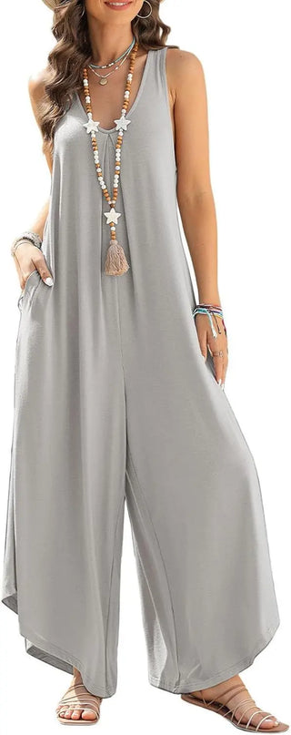 Women's Casual Sleeveless V-neck Pocket Wide Leg Jumpsuit Phosgene