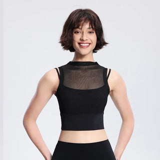 Women's Fake Two-piece Mesh Breathable Top With Chest Pad Phosgene