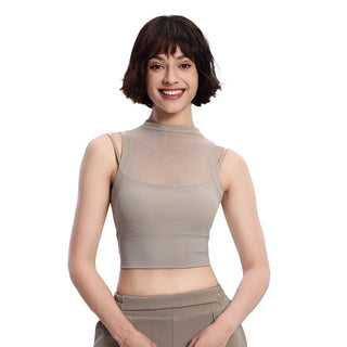 Women's Fake Two-piece Mesh Breathable Top With Chest Pad Phosgene