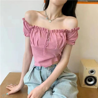 Women's Fashion Chic Collarbone Off-shoulder Design Drawstring Short Sleeve Phosgene