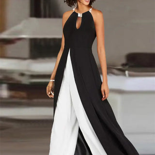 Women's Fashion Color Contrast Black Round Neck Sleeveless Jumpsuit Phosgene