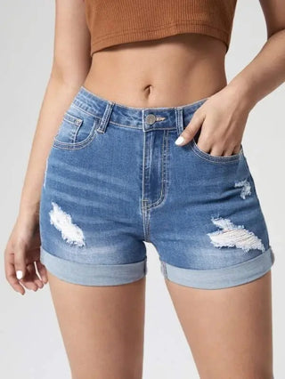 Women's Fashion Holes Curling High Elastic High Waist Denim Shorts Phosgene