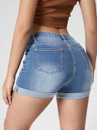 Women's Fashion Holes Curling High Elastic High Waist Denim Shorts Phosgene