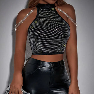 Women's Halter Slim Fit Vest Metal Rhinestone Chain Top Phosgene