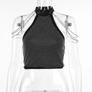 Women's Halter Slim Fit Vest Metal Rhinestone Chain Top Phosgene