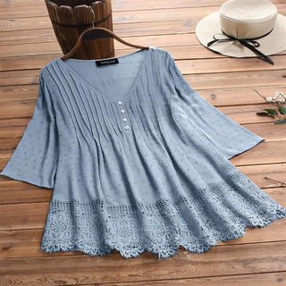 Women's Jacquard Pleated Lace Hollow Out V-neck Shirt Phosgene