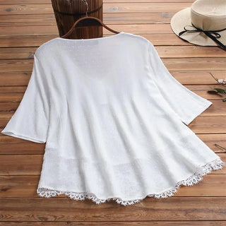 Women's Jacquard Pleated Lace Hollow Out V-neck Shirt Phosgene