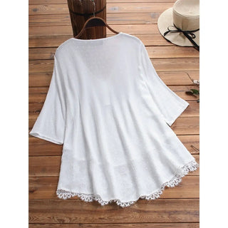 Women's Jacquard Pleated Lace Hollow Out V-neck Shirt Phosgene