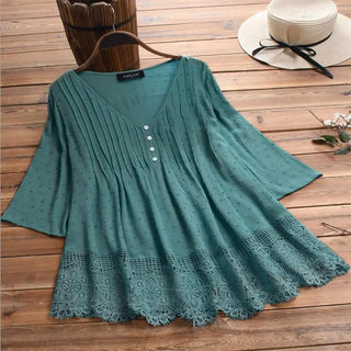 Women's Jacquard Pleated Lace Hollow Out V-neck Shirt Phosgene