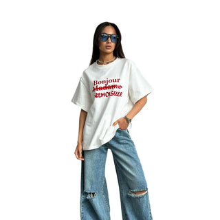 Women's Letter Print Contrast Color Loose T-shirt Pullover Phosgene