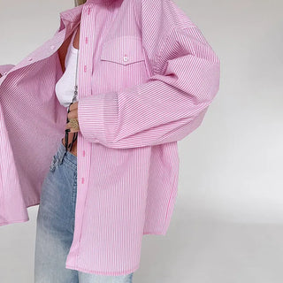 Women's Preppy Style Sweet Pink Striped Loose Outer Cotton Shirt Phosgene