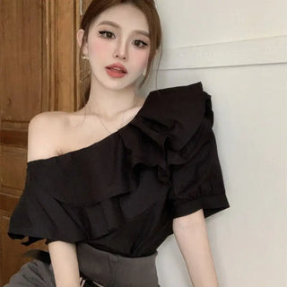 Women's Ruffled Off-the-shoulder Long Sleeve Design Elegant Socialite Shirt Phosgene