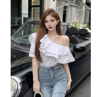 Women's Ruffled Off-the-shoulder Long Sleeve Design Elegant Socialite Shirt Phosgene