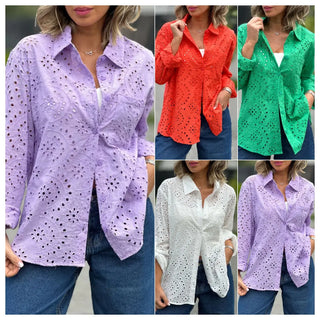 Women's Solid Color Loose Embroidered Hollow Shirt Top Phosgene