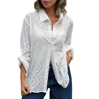 Women's Solid Color Loose Embroidered Hollow Shirt Top Phosgene