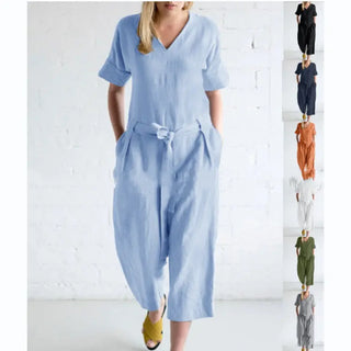 Women's Solid Color Pure Cotton And Linen Loose Strap Pocket Jumpsuit Phosgene