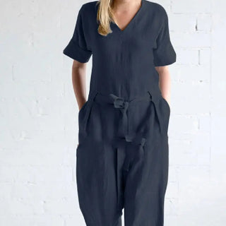 Women's Solid Color Pure Cotton And Linen Loose Strap Pocket Jumpsuit Phosgene