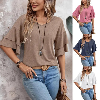 Women's Summer Solid Color And V-neck Loose T-shirt Phosgene