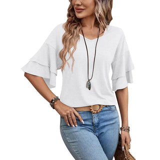 Women's Summer Solid Color And V-neck Loose T-shirt Phosgene